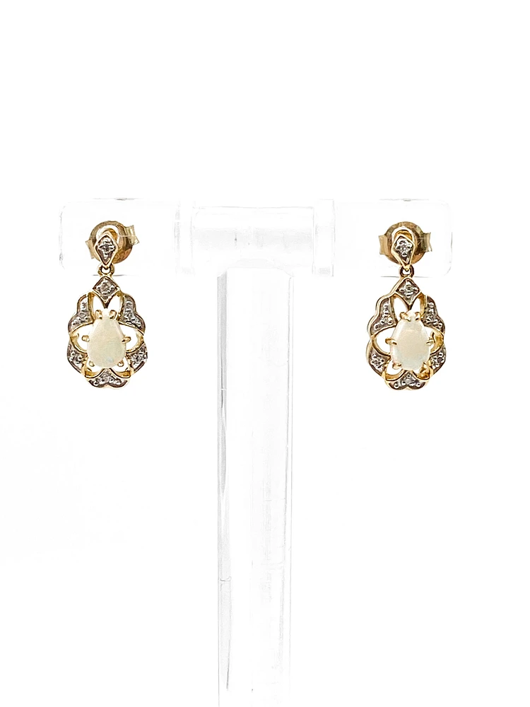 10K Yellow Gold 0.50cttw Genuine Opal and 0.06cttw Diamond Earrings