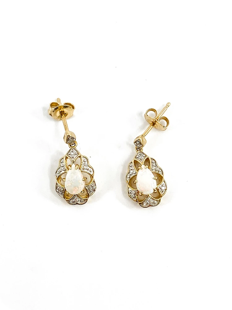 10K Yellow Gold 0.50cttw Genuine Opal and 0.06cttw Diamond Earrings