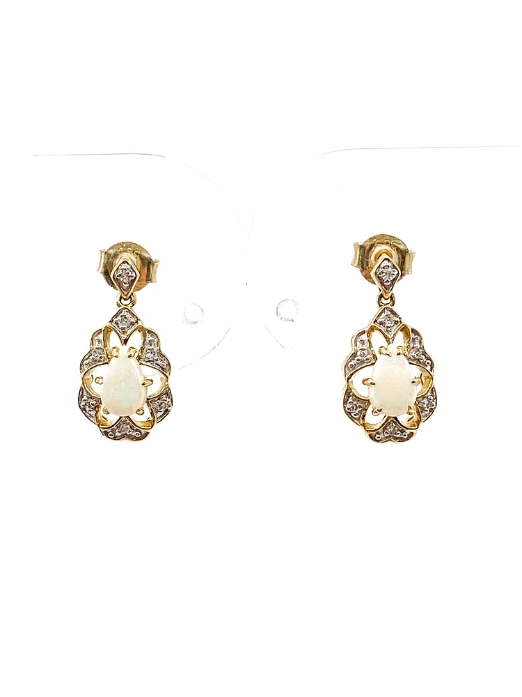 10K Yellow Gold 0.50cttw Genuine Opal and 0.06cttw Diamond Earrings