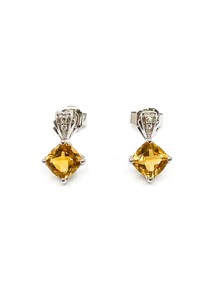 10K White Gold 1.30cttw Citrine & 0.02cttw Diamond Earrings