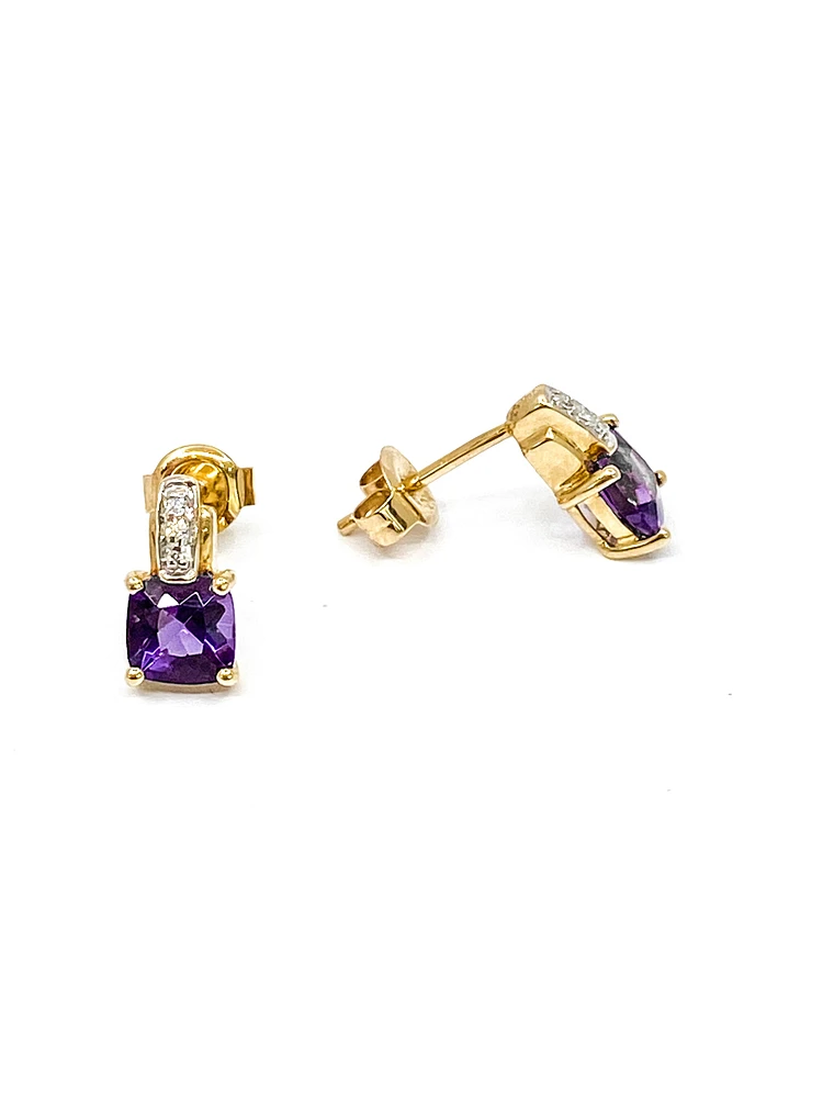 10K Yellow Gold 1.00cttw Genuine Amethyst & 0.025cttw Diamond Earrings