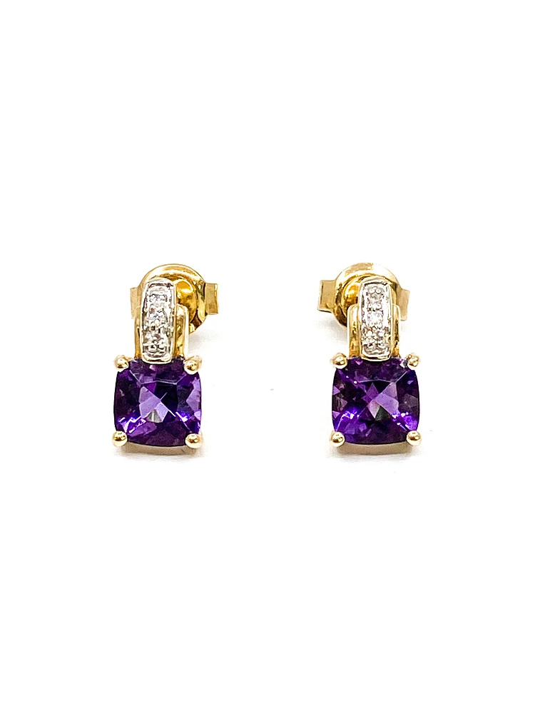 10K Yellow Gold 1.00cttw Genuine Amethyst & 0.025cttw Diamond Earrings