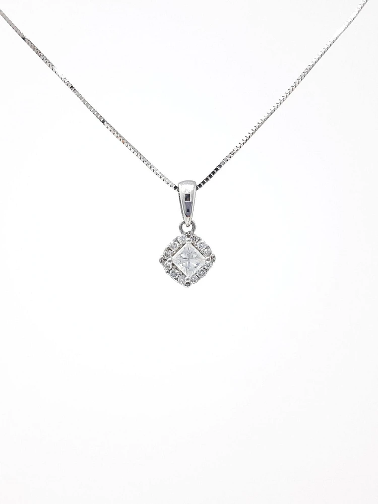 14K White Gold 0.34cttw Princess Cut Canadian Diamond Pendant, 18"