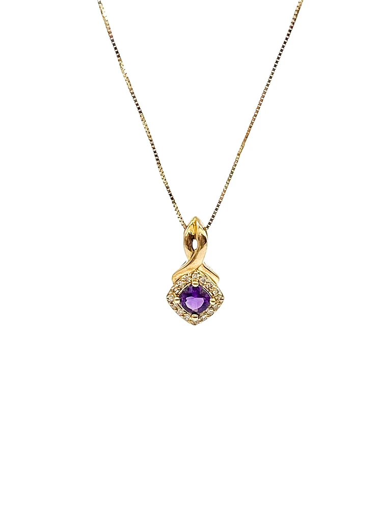 10K Yellow Gold 0.33cttw Genuine Amethyst and 0.08cttw Diamond Halo Pendant, 18"