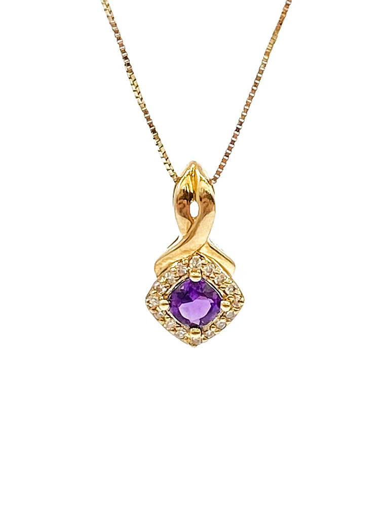 10K Yellow Gold 0.33cttw Genuine Amethyst and 0.08cttw Diamond Halo Pendant, 18"