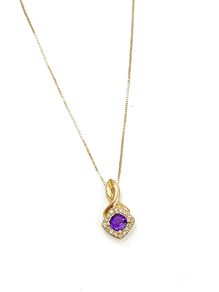 10K Yellow Gold 0.33cttw Genuine Amethyst and 0.08cttw Diamond Halo Pendant, 18"