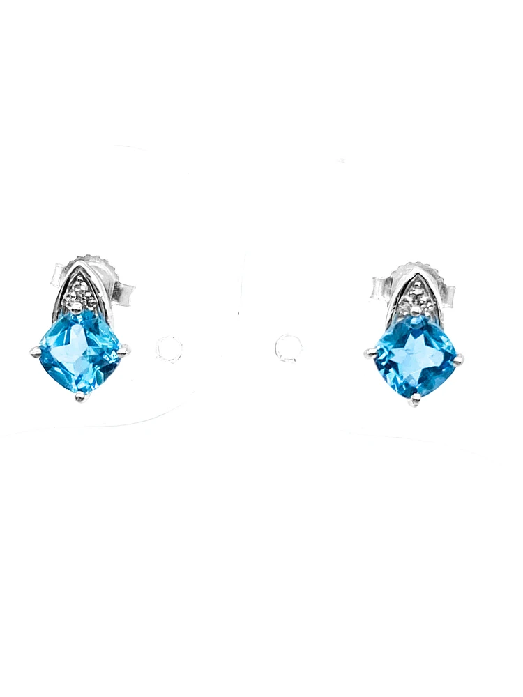 10K White Gold 1.50cttw Genuine Blue Topaz & 0.023cttw Diamond Earrings