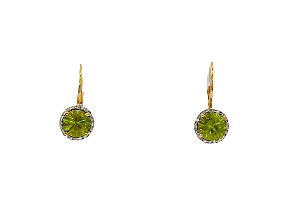 10K Yellow Gold Peridot and Diamond Lever Back Earrings
