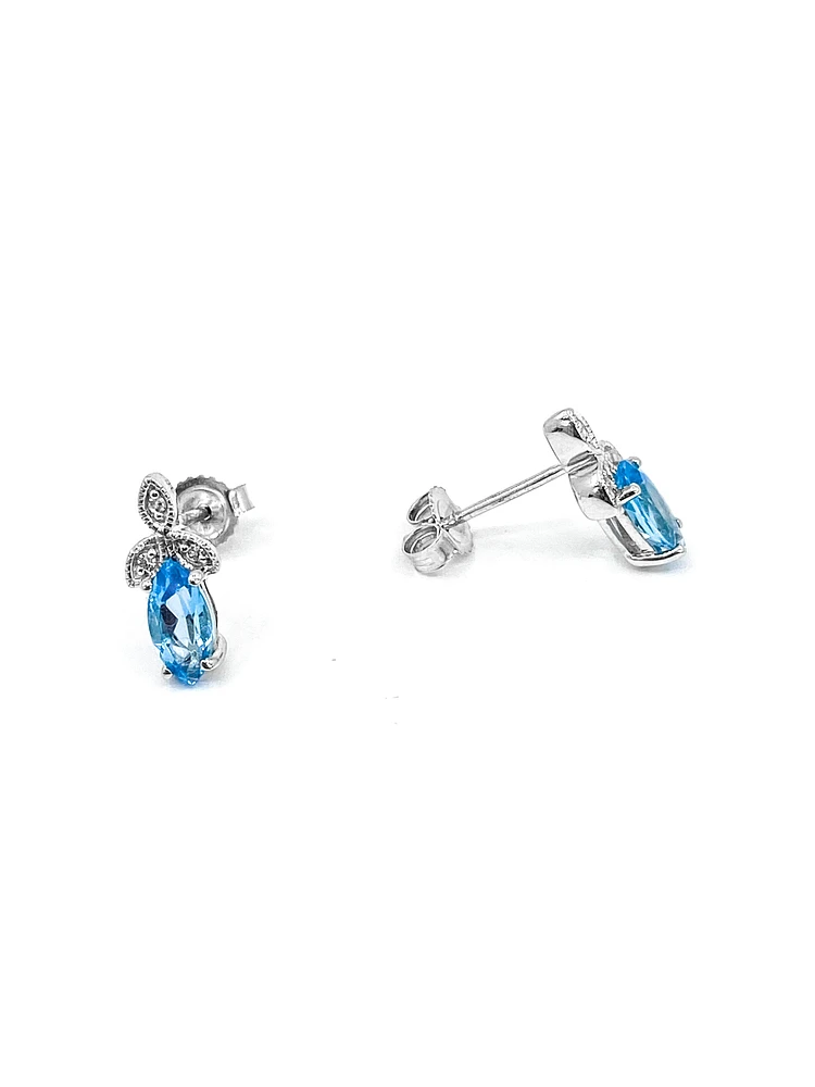 10K White Gold 0.75cttw Genuine Blue Topaz & 0.03cttw Diamond Earrings