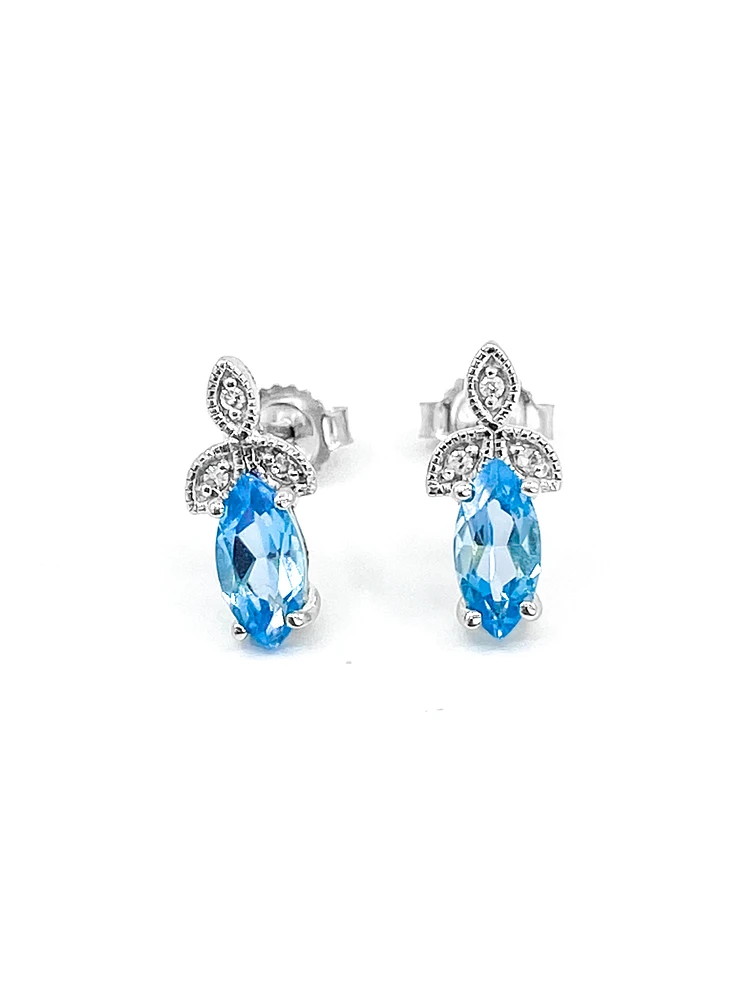 10K White Gold 0.75cttw Genuine Blue Topaz & 0.03cttw Diamond Earrings