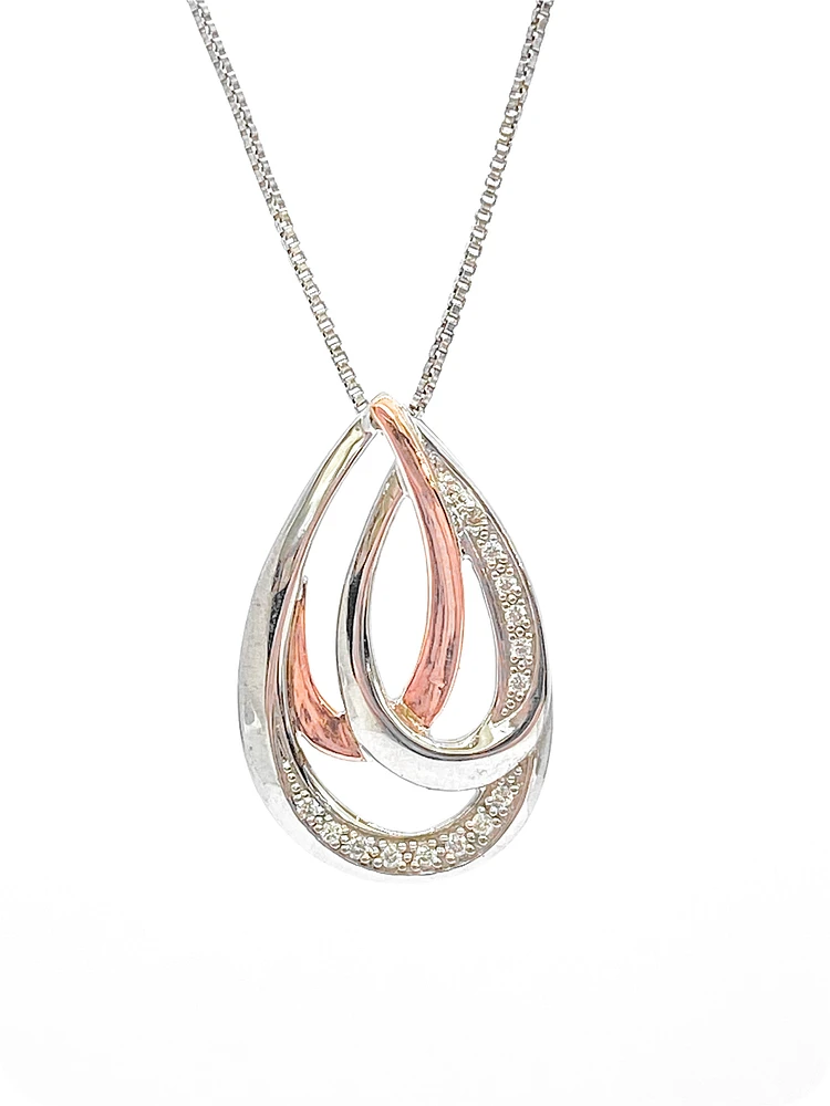 Silver and 10K Rose Gold 0.08cttw Diamond Pendant, 18"