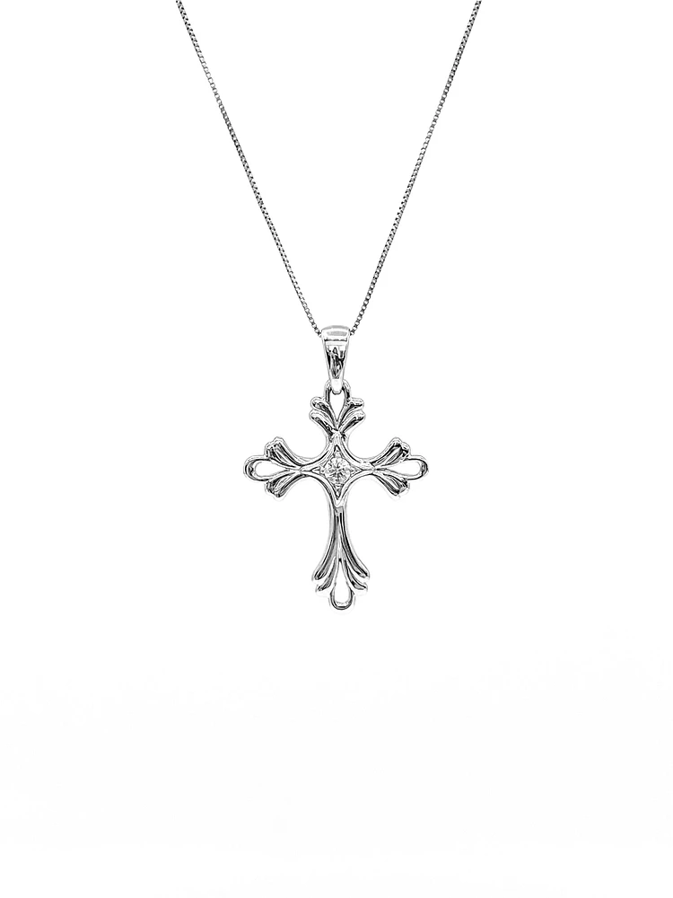 10K White Gold 0.06cttw Diamond Cross Pendant, 18"