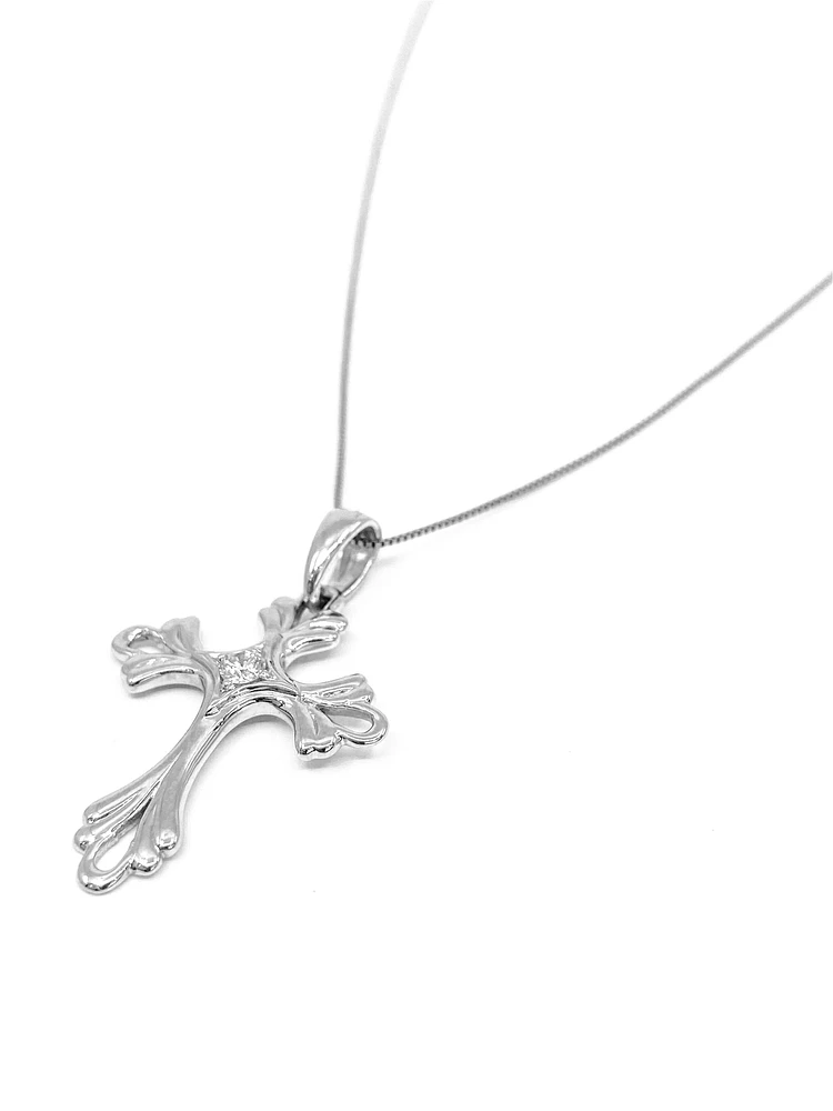 10K White Gold 0.06cttw Diamond Cross Pendant, 18"