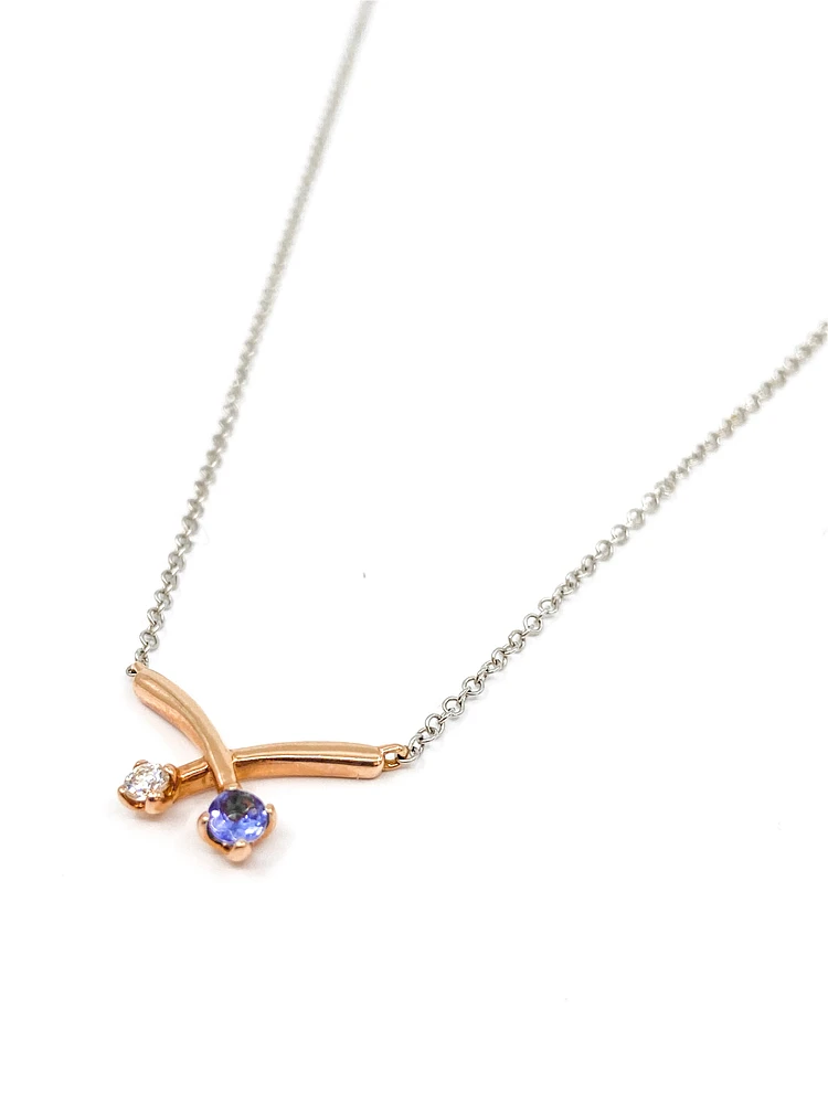 14K White & Rose Gold 0.12cttw Genuine Tanzanite and 0.05cttw Diamond Pendant, 18"