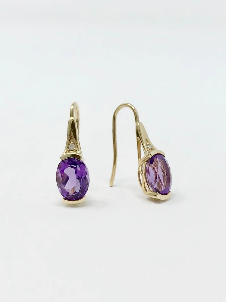 10K Yellow Gold 2.40cttw Genuine Amethyst and 0.02cttw Diamond Dangle / Drop Earrings