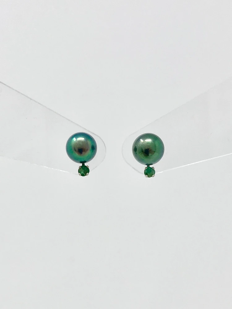 Cultured Black Pearl with Emerald Earrings