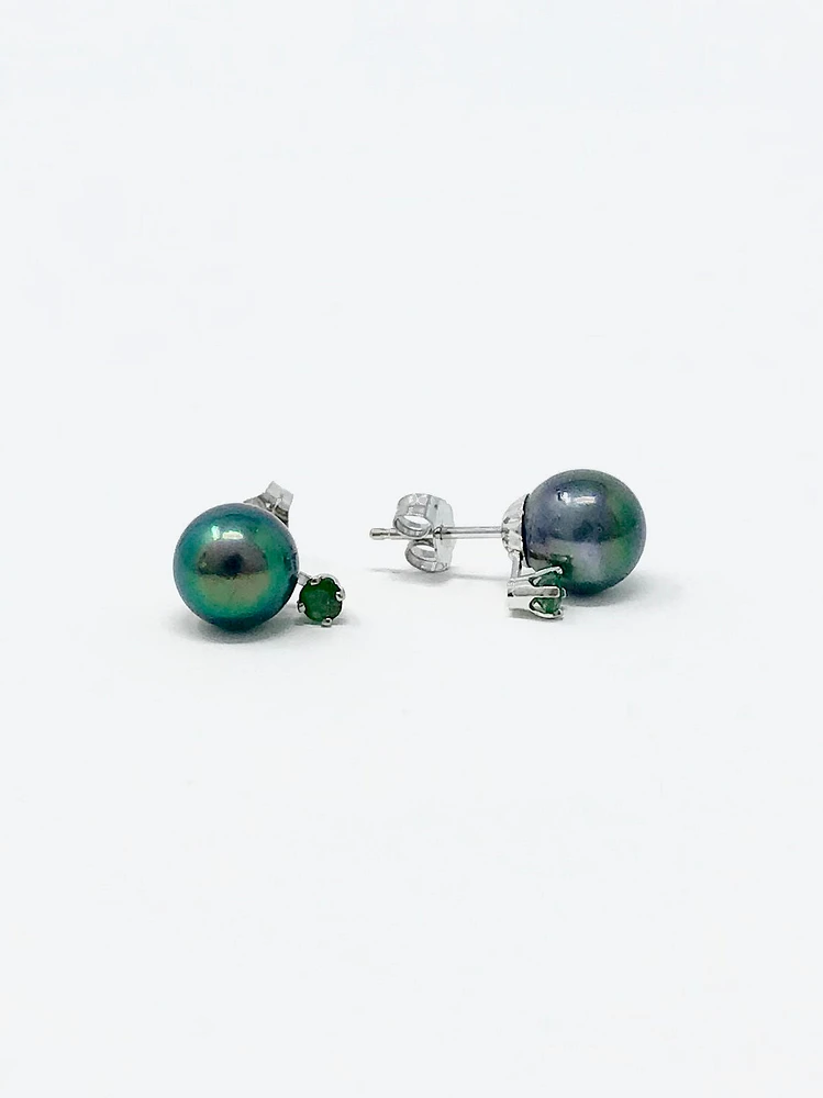Cultured Black Pearl with Emerald Earrings