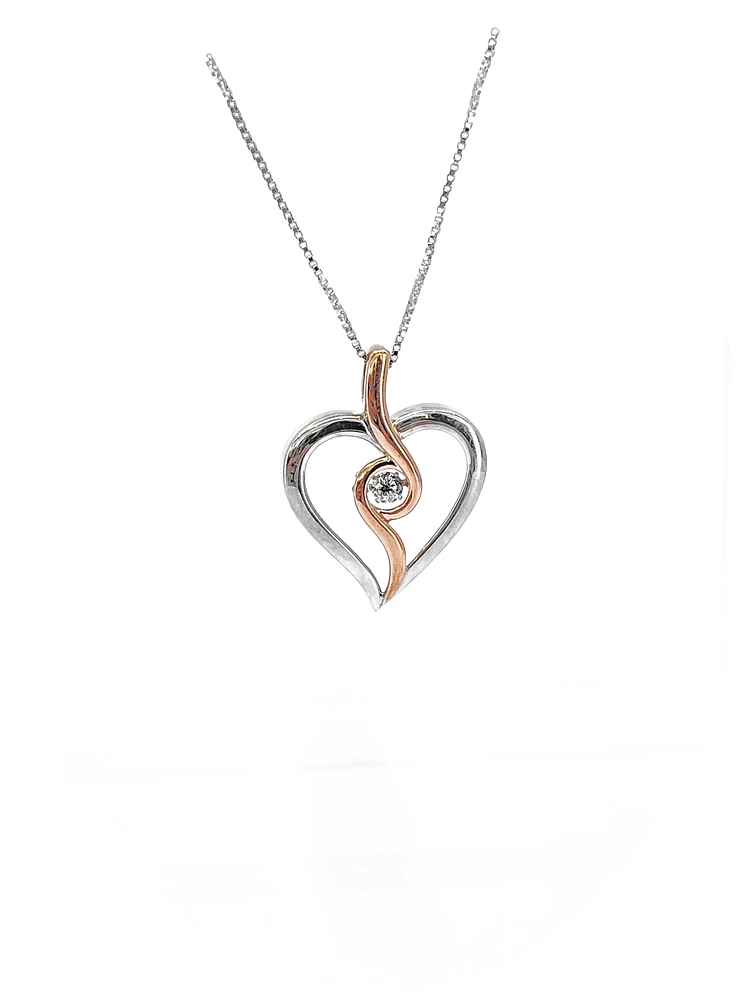 10K Rose Gold and Sterling Silver 0.12cttw Canadian Diamond Heart Necklace, 18"