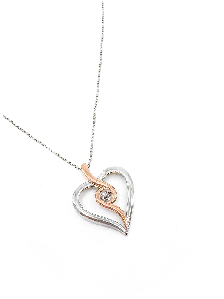 10K Rose Gold and Sterling Silver 0.12cttw Canadian Diamond Heart Necklace, 18"