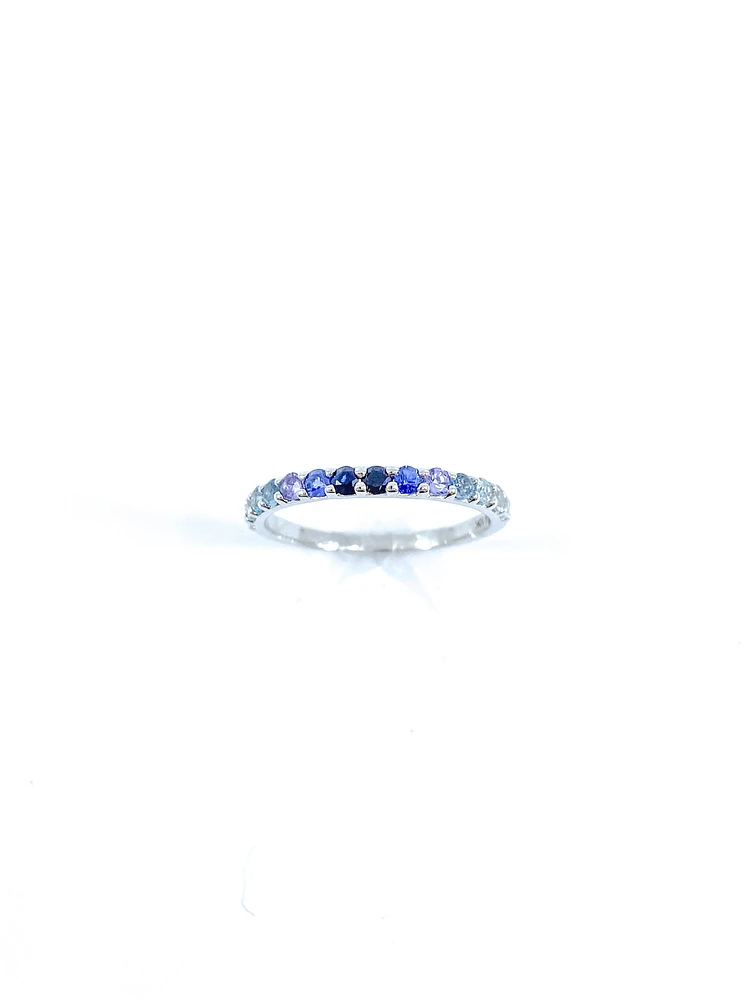 10K White Gold Genuine 2mm White Zircon, Aquamarine, Blue Zircon, Blue Topaz, Tanzanite, Ceylon Sapphire and Sapphire Gemstone Ring, size 6.5