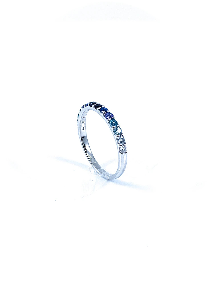 10K White Gold Genuine 2mm White Zircon, Aquamarine, Blue Zircon, Blue Topaz, Tanzanite, Ceylon Sapphire and Sapphire Gemstone Ring, size 6.5