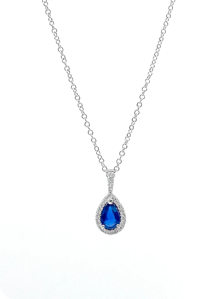 10K White Gold 0.60cttw Genuine Blue Sapphire and 0.09cttw Diamond Necklace, 18"