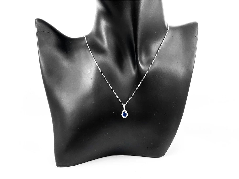 10K White Gold 0.60cttw Genuine Blue Sapphire and 0.09cttw Diamond Necklace, 18"