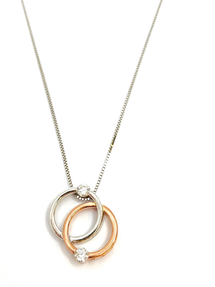 10K White & Rose Gold 0.15cttw Diamond Double Circle / Eternity / Infinity Pendant, 18"
