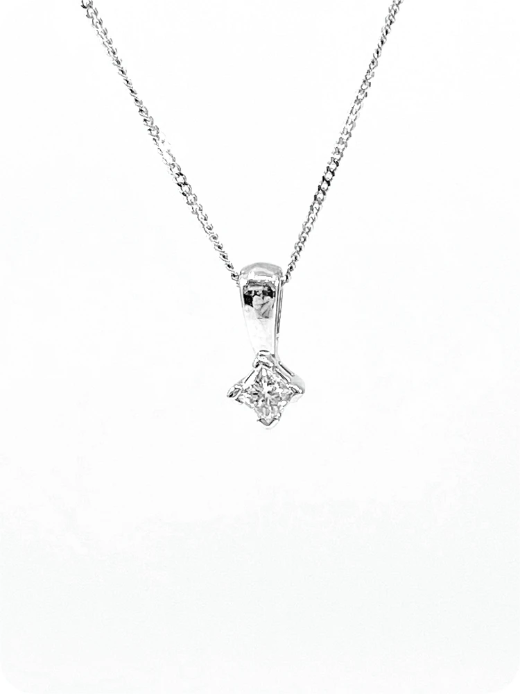 14K White Gold 0.17cttw Princess Cut Square Cut Canadian Diamond Necklace, 18”