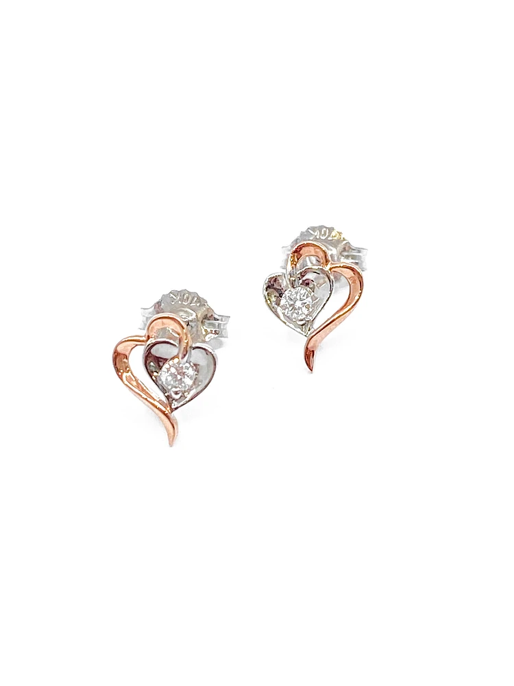 10K White & Rose Gold 0.08cttw Round Cut Canadian Diamond Heart Earrings
