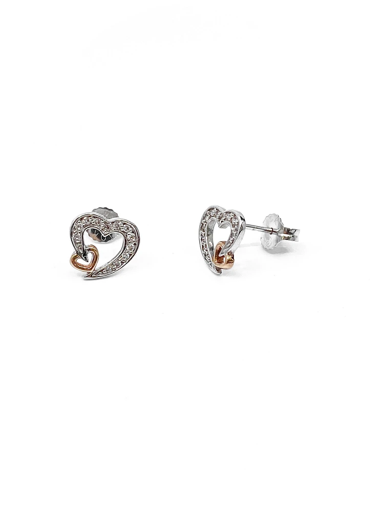 10K White & Rose Gold 0.12cttw Diamond Heart Stud Earrings