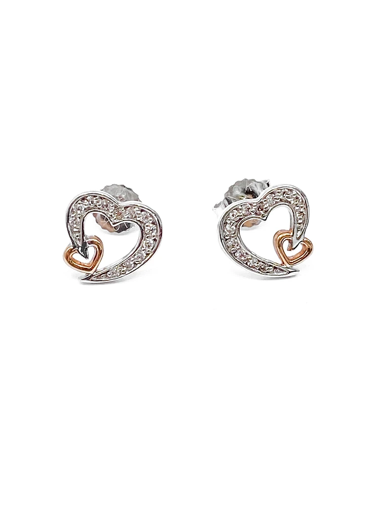 10K White & Rose Gold 0.12cttw Diamond Heart Stud Earrings