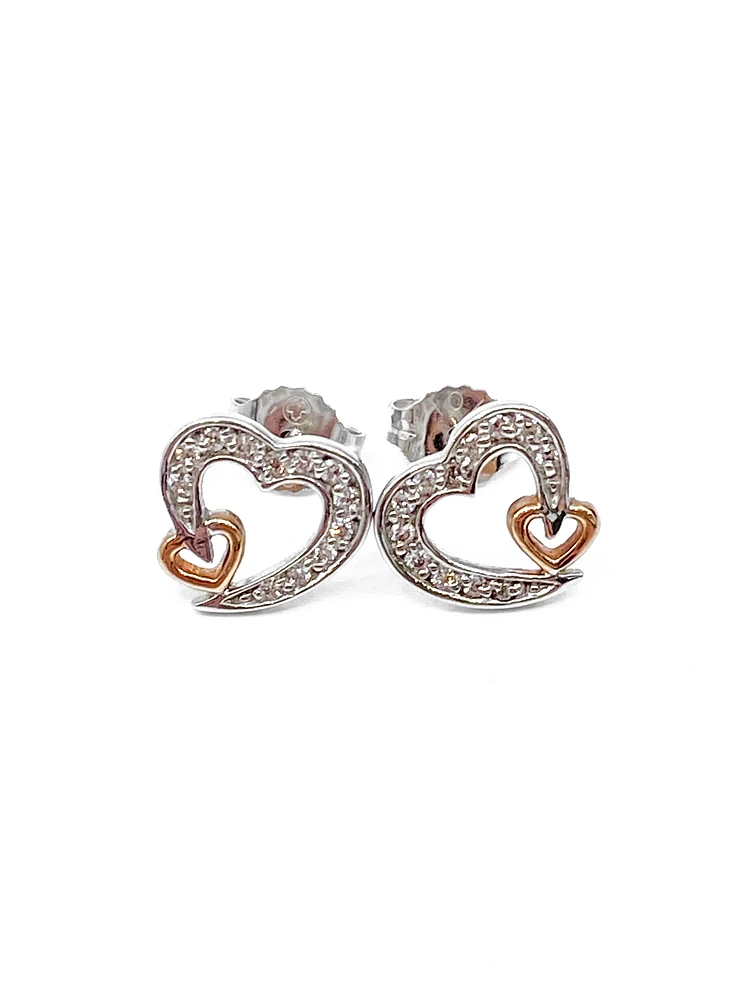 10K White & Rose Gold 0.12cttw Diamond Heart Stud Earrings