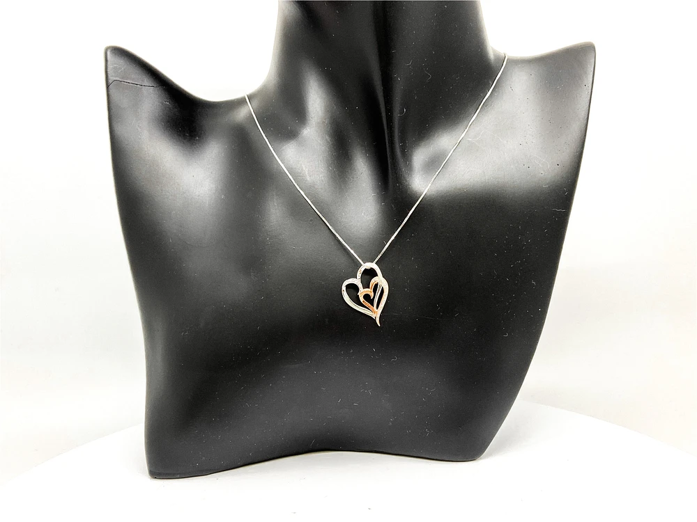 10K White & Rose Gold 0.035cttw Diamond Double Heart Pendant, 18"