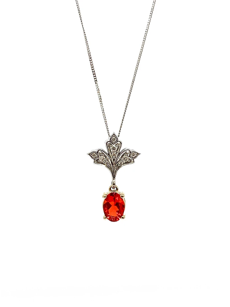 10K White & Yellow Gold 0.50cttw Genuine Fire Opal & 0.08cttw Diamond Pendant, 18"