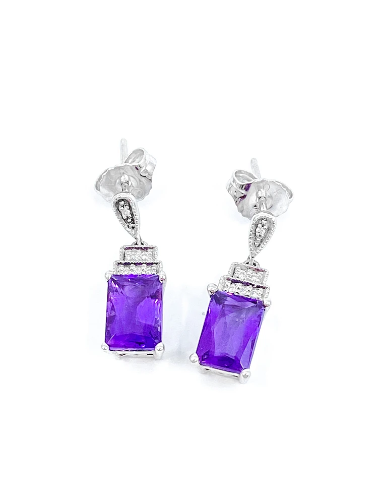 10K White Gold 1.80cttw Amethyst and 0.03cttw Diamond Dangle/Drop Earrings