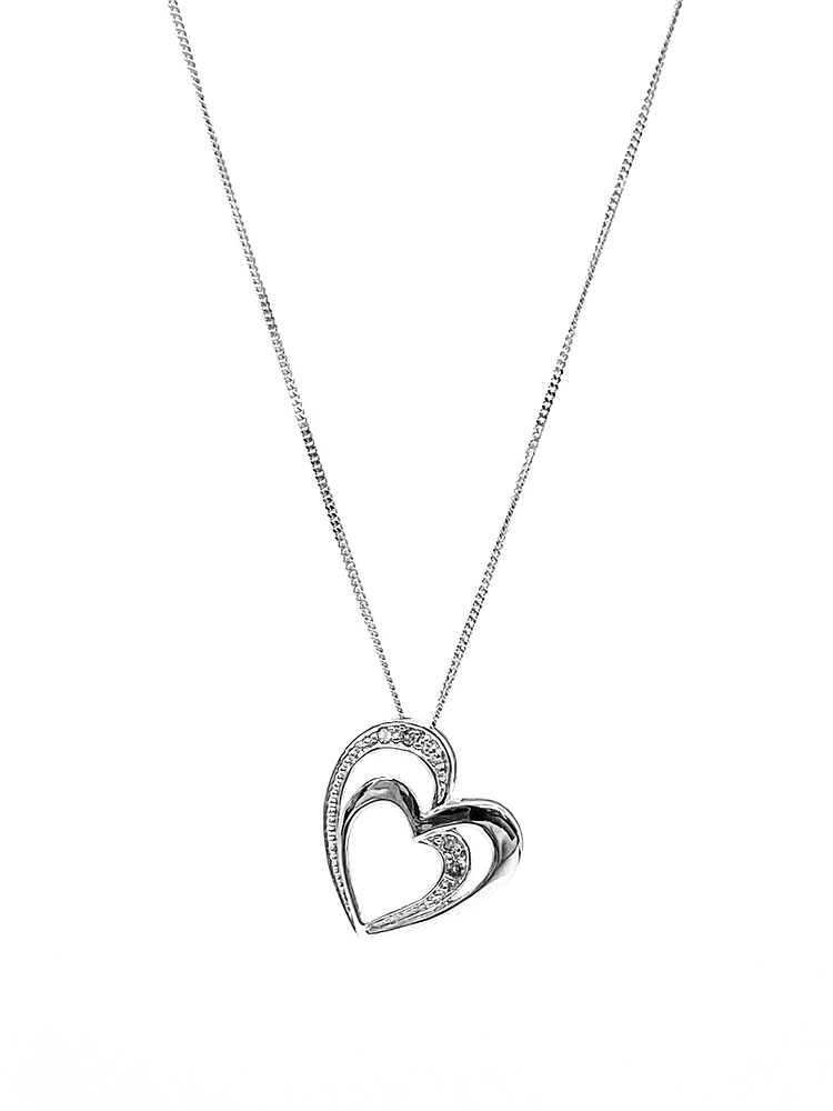 10K White Gold 0.03cttw Diamond Double Heart Pendant, 18"