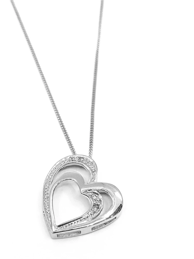 10K White Gold 0.03cttw Diamond Double Heart Pendant, 18"