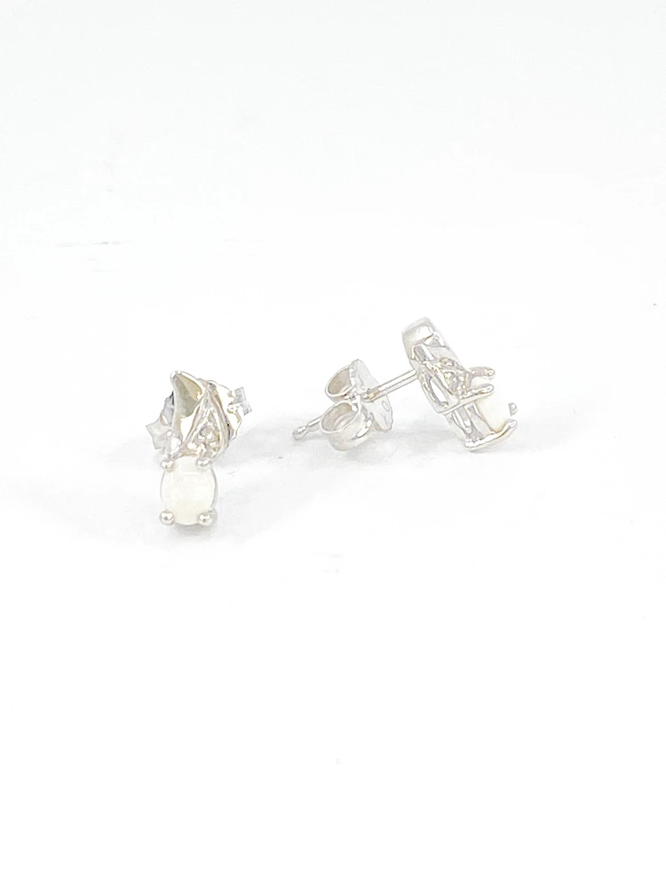 10K White Gold 0.22cttw Genuine Opal and 0.01cttw Diamond Earrings