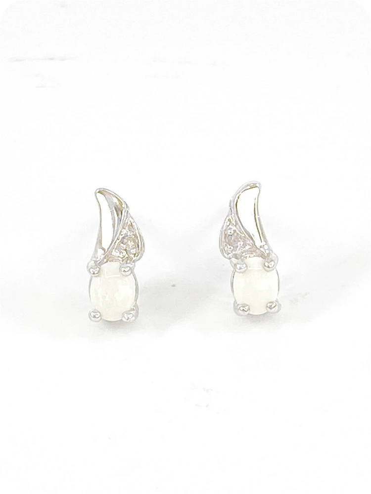 10K White Gold 0.22cttw Genuine Opal and 0.01cttw Diamond Earrings