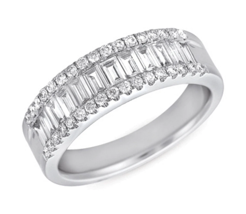 14K White Gold 0.97cttw Baguette Cut & Round Brilliant Cut Diamond Ring, size 6