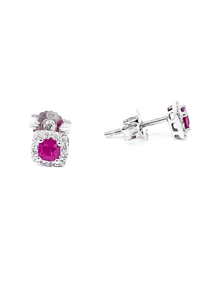 10K White Gold 0.40cttw Genuine Ruby and 0.12cttw Diamond Halo Stud Earrings