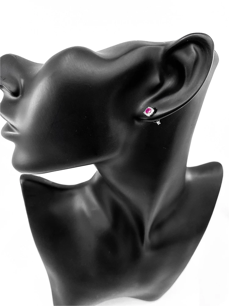 10K White Gold 0.40cttw Genuine Ruby and 0.12cttw Diamond Halo Stud Earrings