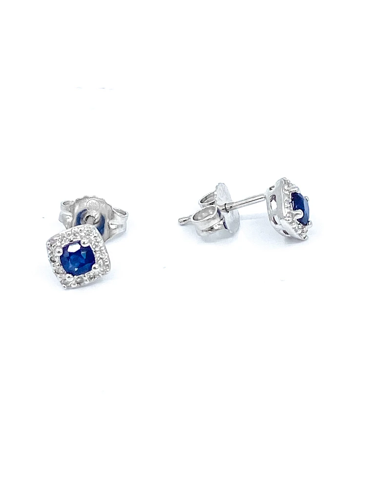 10K White Gold 0.40cttw Genuine Sapphire & 0.12cttw Diamond Halo Stud Earrings