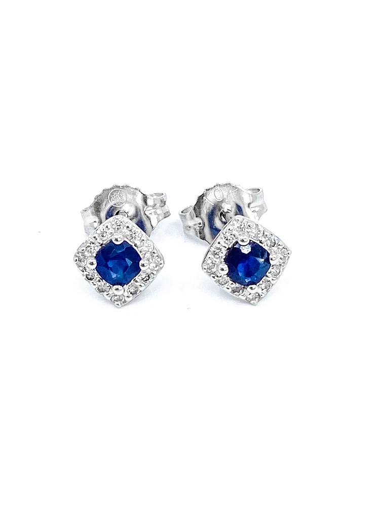 10K White Gold 0.40cttw Genuine Sapphire & 0.12cttw Diamond Halo Stud Earrings