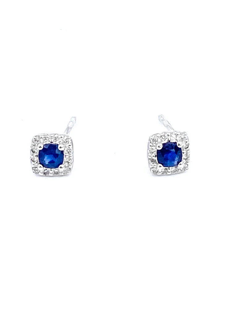 10K White Gold 0.40cttw Genuine Sapphire & 0.12cttw Diamond Halo Stud Earrings
