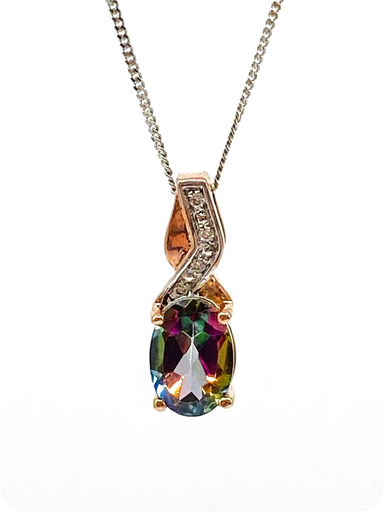 10K White and Rose Gold 1.00cttw Mystic Topaz & 0.012cttw Diamond Pendant, 18"