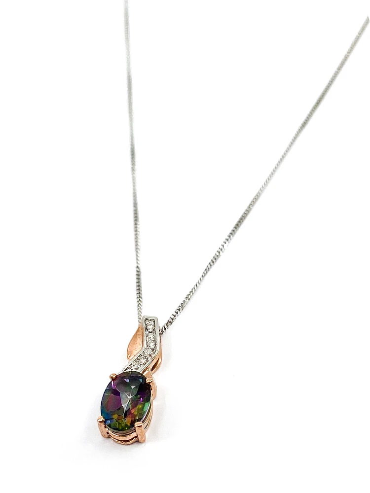 10K White and Rose Gold 1.00cttw Mystic Topaz & 0.012cttw Diamond Pendant, 18"