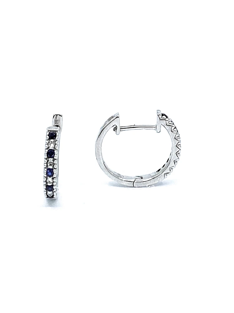 10K White Gold 0.20cttw Genuine Sapphire & 0.04cttw Diamond  Hoop Huggie Hinged Earrings