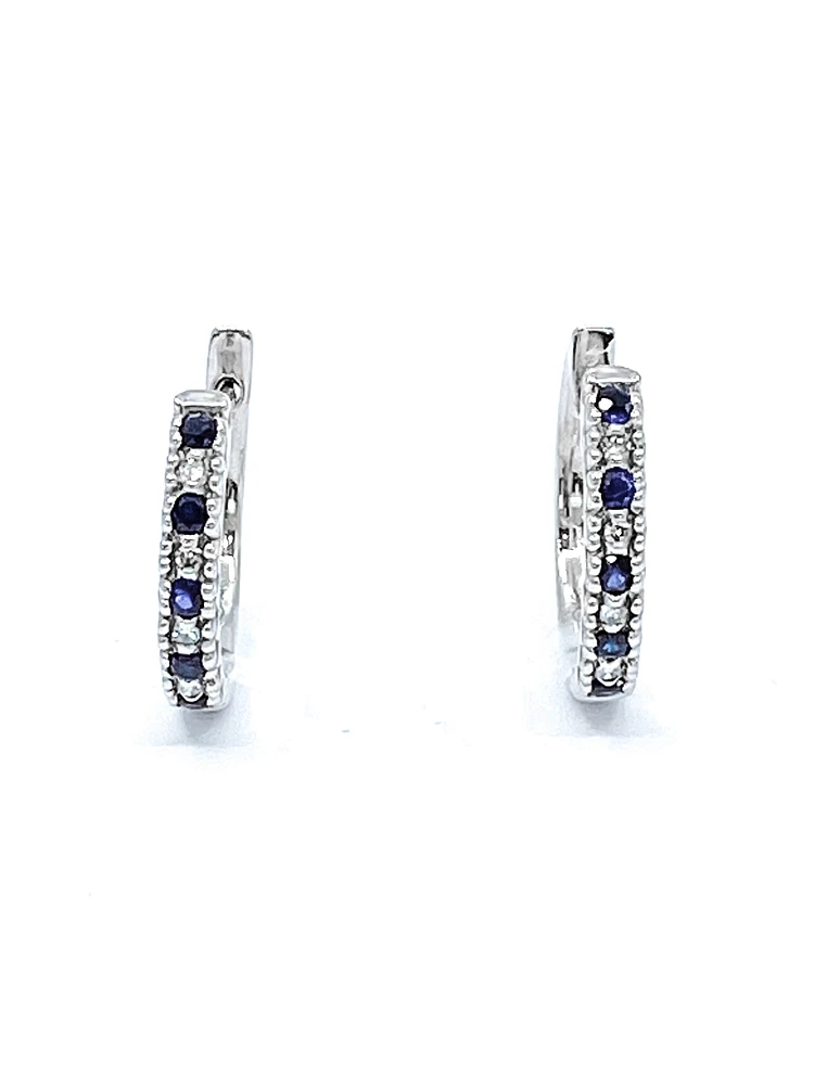 10K White Gold 0.20cttw Genuine Sapphire & 0.04cttw Diamond  Hoop Huggie Hinged Earrings